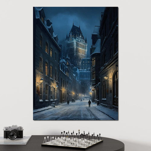 Quebec City Street On a Winter Night Canvas Wall Art