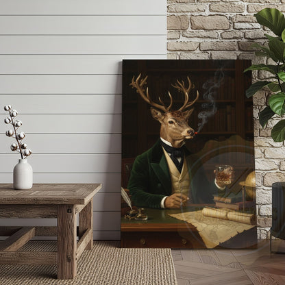 Aristocrat Deer Scholar with Whiskey and Cigar in Victorian Library Wrapped Canvas Wall Art