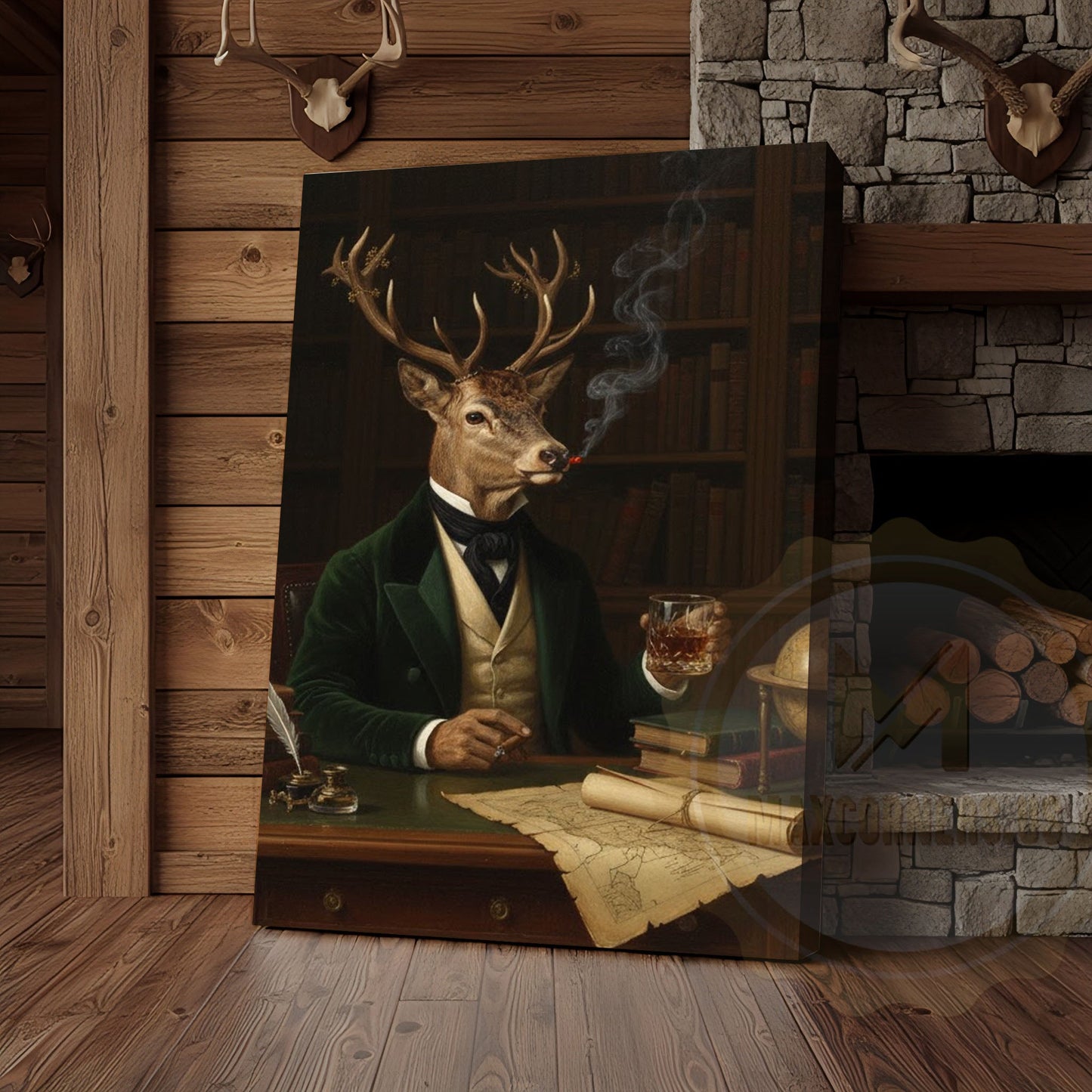 Aristocrat Deer Scholar with Whiskey and Cigar in Victorian Library Wrapped Canvas Wall Art