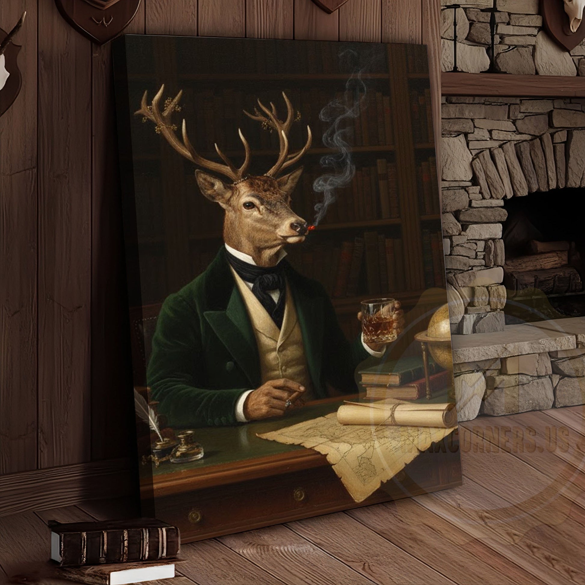 Aristocrat Deer Scholar with Whiskey and Cigar in Victorian Library Wrapped Canvas Wall Art