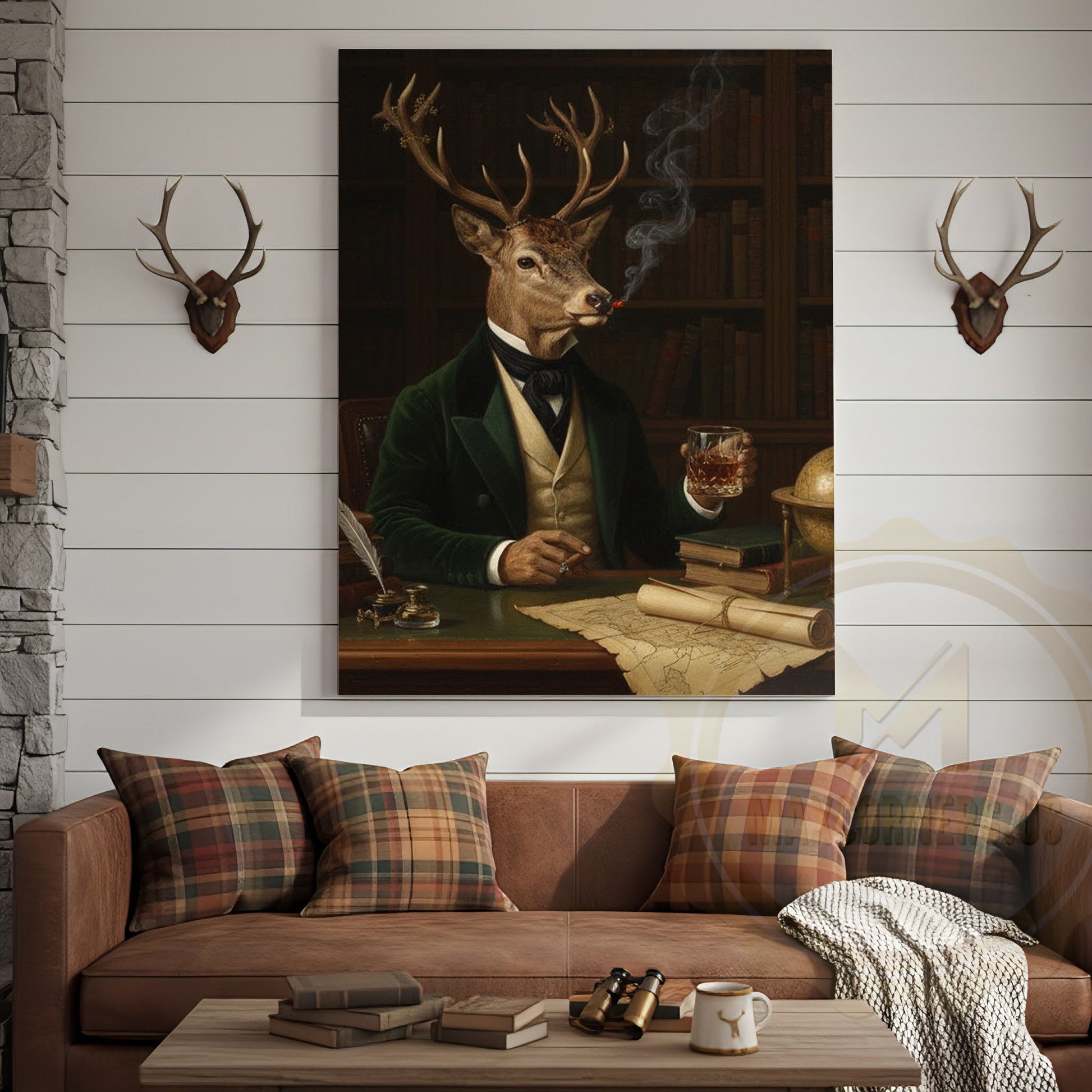 Aristocrat Deer Scholar with Whiskey and Cigar in Victorian Library Wrapped Canvas Wall Art