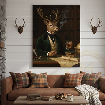 Aristocrat Deer Scholar with Whiskey and Cigar in Victorian Library Wrapped Canvas Wall Art