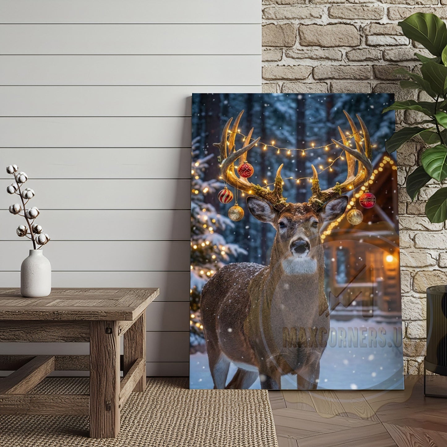 Christmas Deer Canvas Wall Art - Holiday Decorated Antler Print