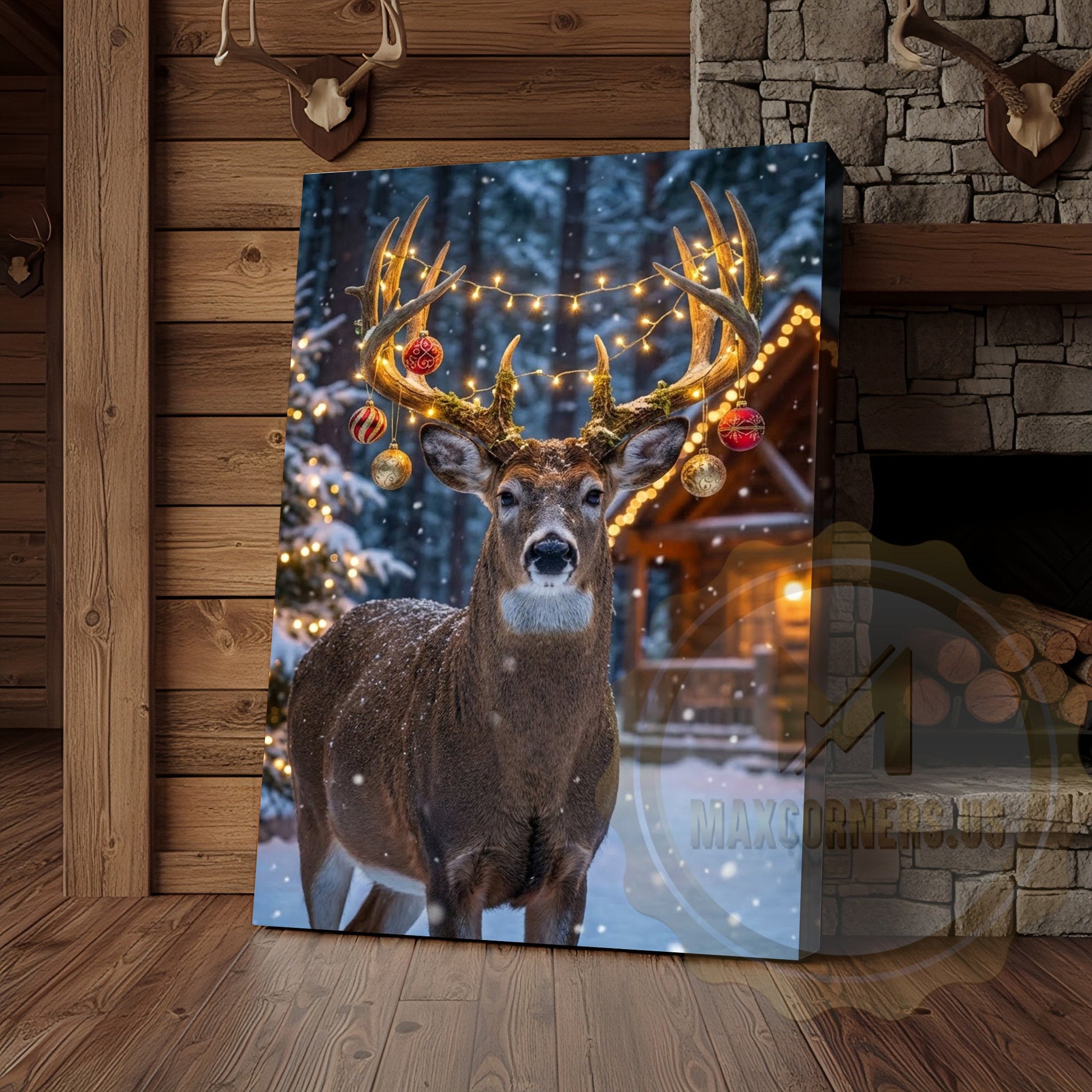 Christmas Deer Canvas Wall Art - Holiday Decorated Antler Print
