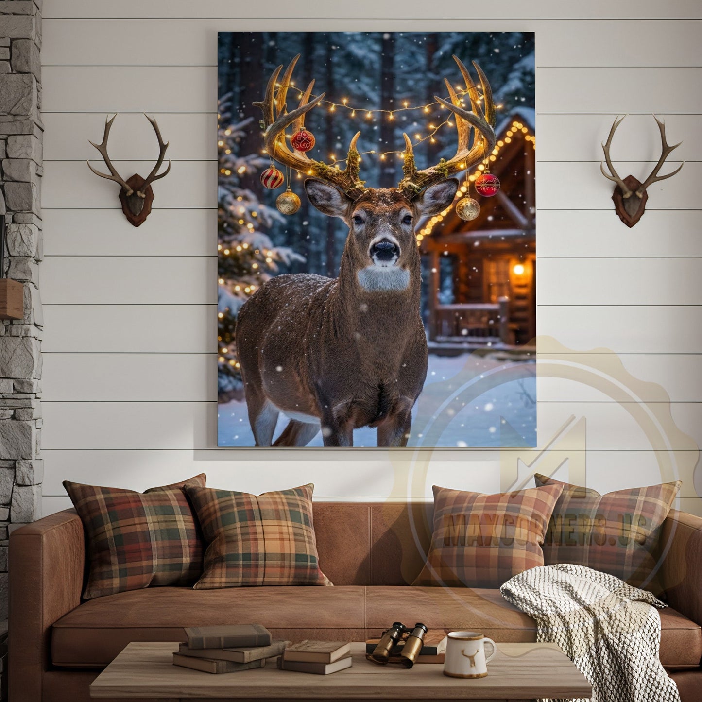 Christmas Deer Canvas Wall Art - Holiday Decorated Antler Print