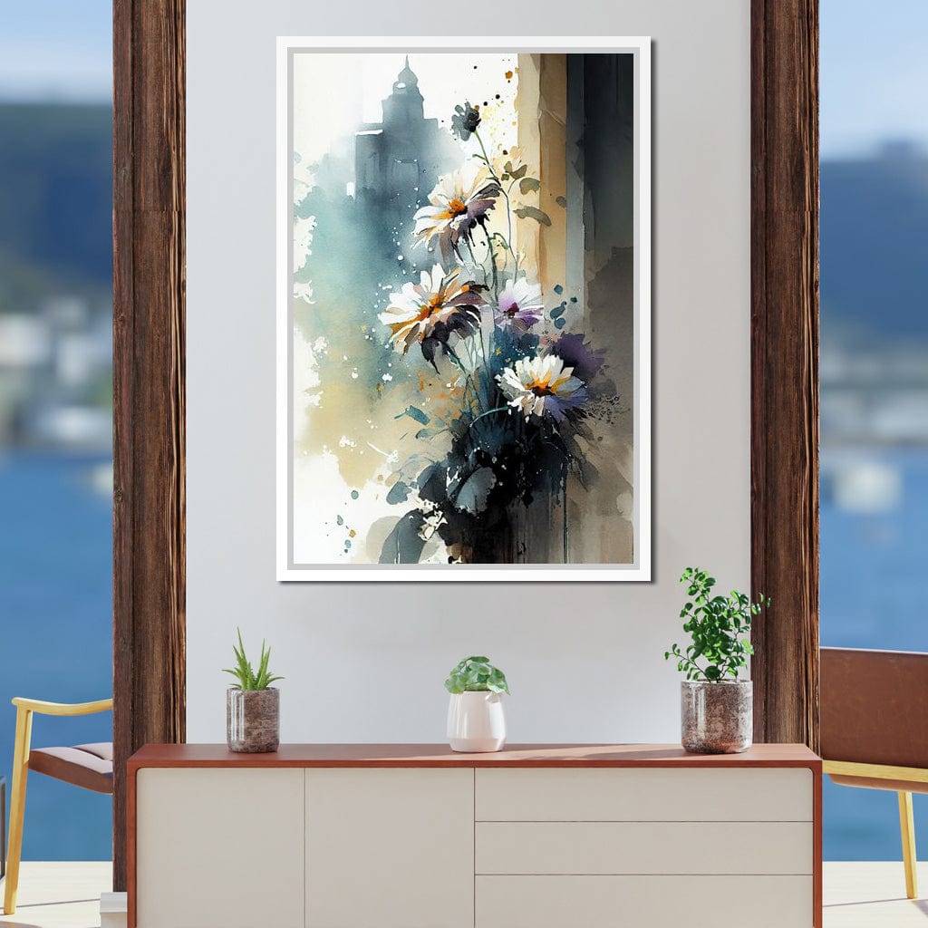 White & Teal Watercolor Flowers Canvas Wall Art
