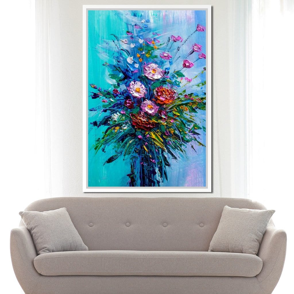 Bouquet of Flowers on Blue Background Canvas Wall Art