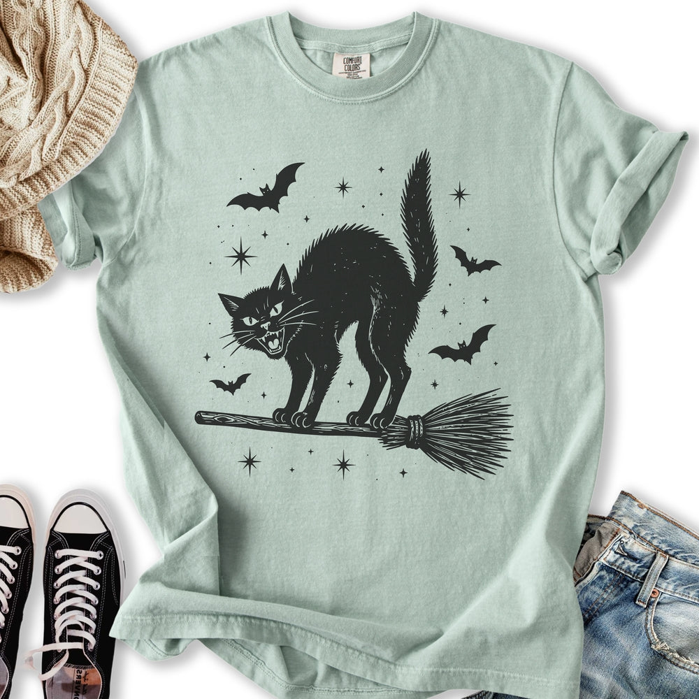 Black Cat On Broomstick Relaxed Tee