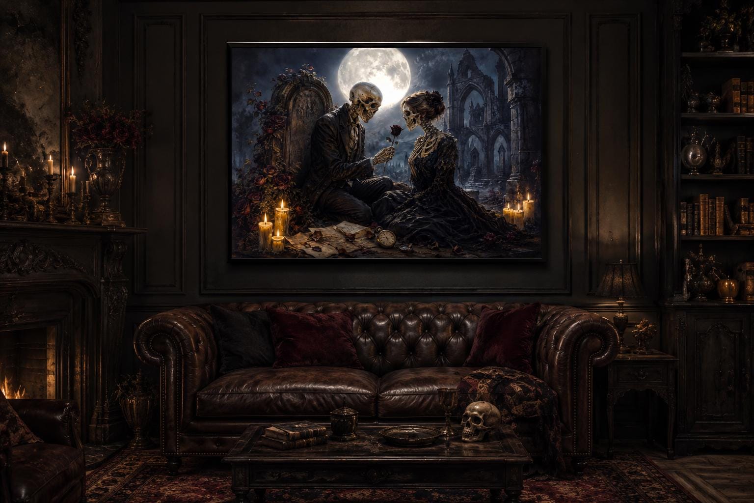 Gothic Skeleton Couple Art - Romantic Gothic Canvas for Dark Academia Wall