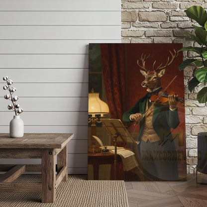 Deer Violinist Performing Classical Music in Elegant Vintage Room Wrapped Canvas Wall Art