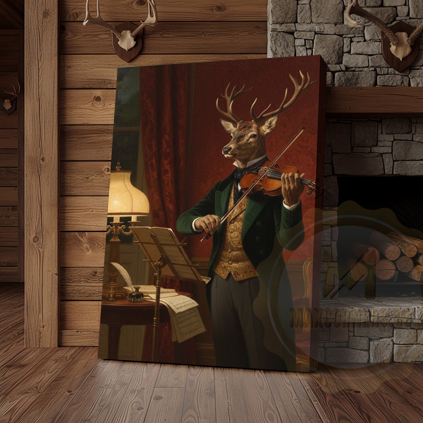Deer Violinist Performing Classical Music in Elegant Vintage Room Wrapped Canvas Wall Art
