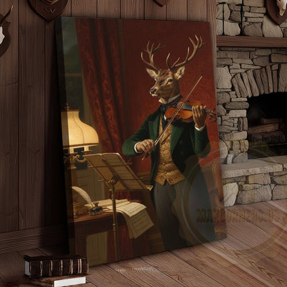 Deer Violinist Performing Classical Music in Elegant Vintage Room Wrapped Canvas Wall Art