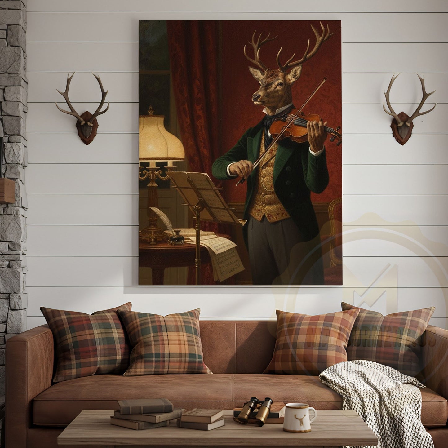 Deer Violinist Performing Classical Music in Elegant Vintage Room Wrapped Canvas Wall Art