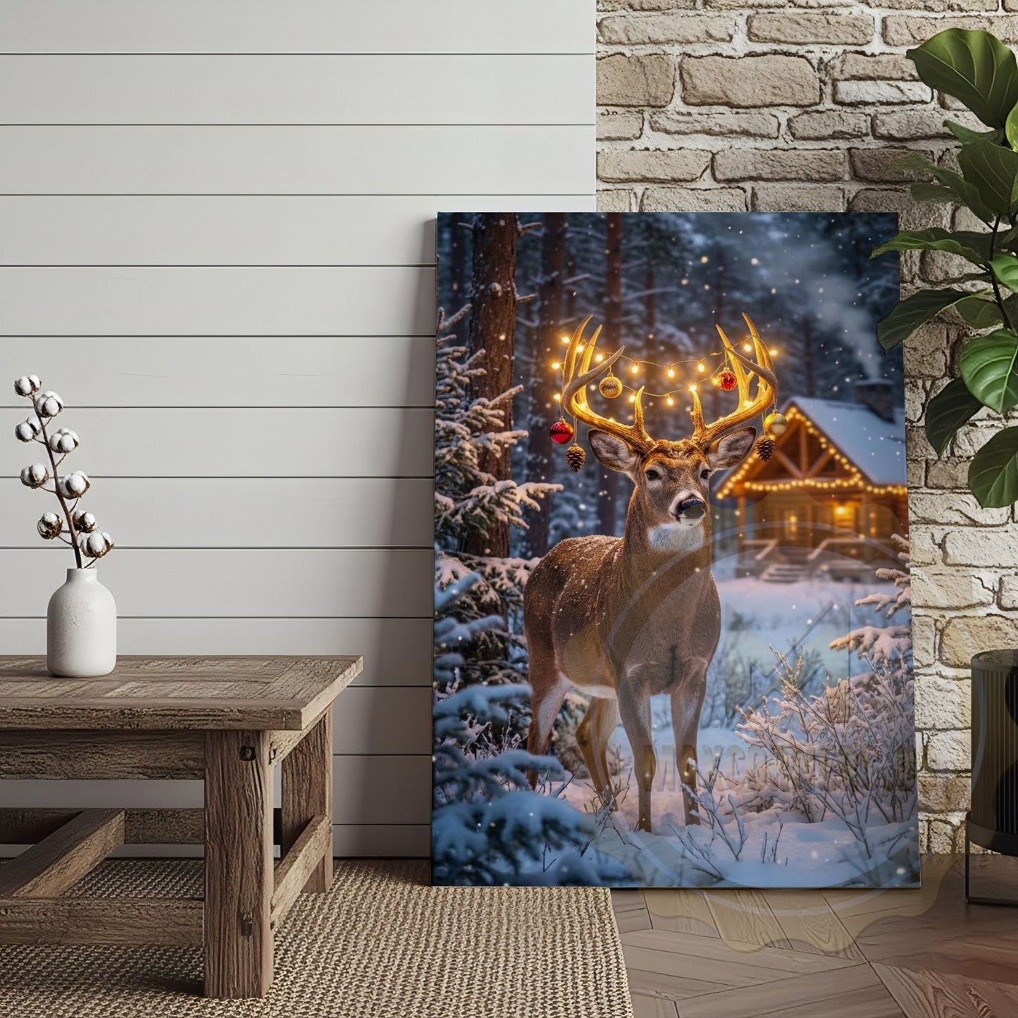 Winter Deer Canvas - Festive Ornament String Lights Decor