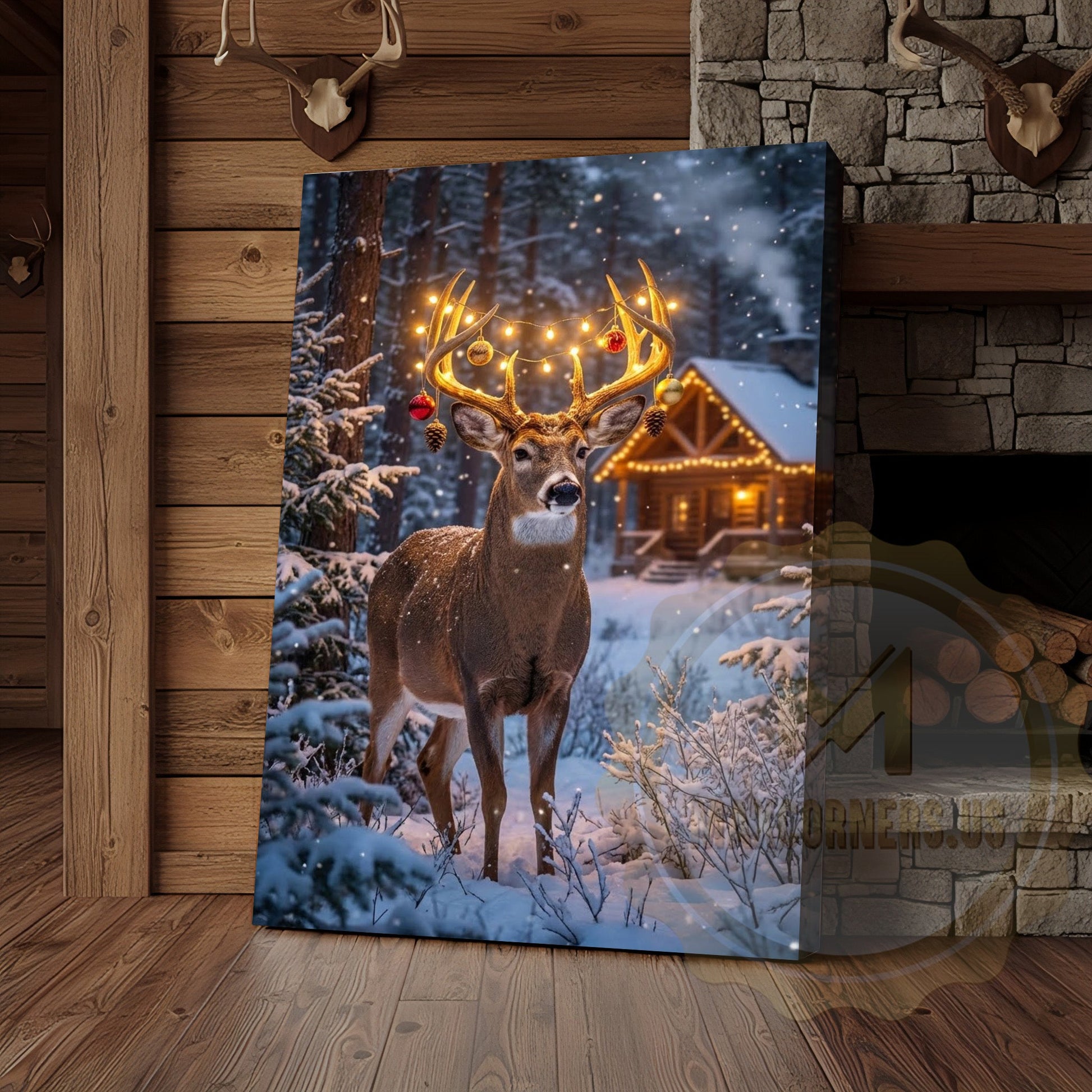 Winter Deer Canvas - Festive Ornament String Lights Decor
