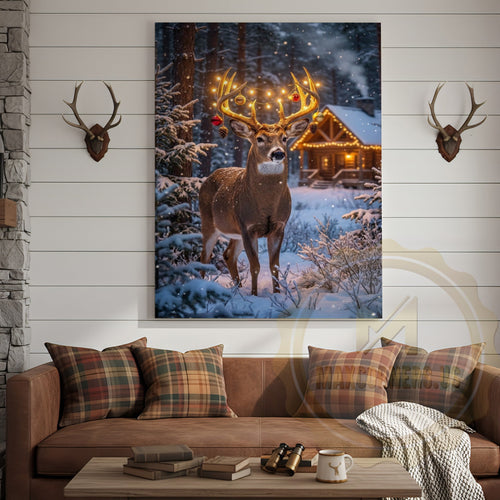 Winter Deer Canvas - Festive Ornament String Lights Decor
