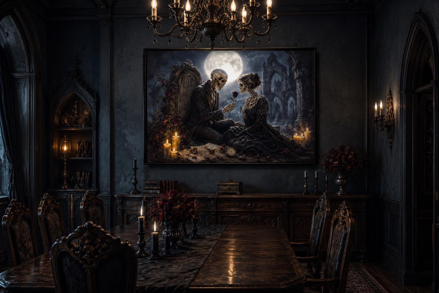 Gothic Skeleton Couple Art - Romantic Gothic Canvas for Dark Academia Wall