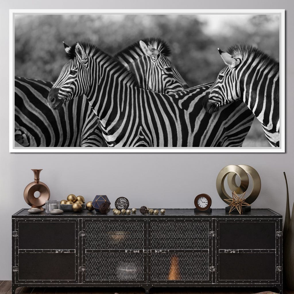 Zebra Herd in Black & White Canvas Wall Art