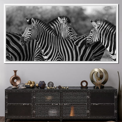 Zebra Herd in Black & White Canvas Wall Art