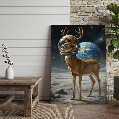 Astronaut Deer Standing on the Moon with Earth in Background Wrapped Canvas Wall Art