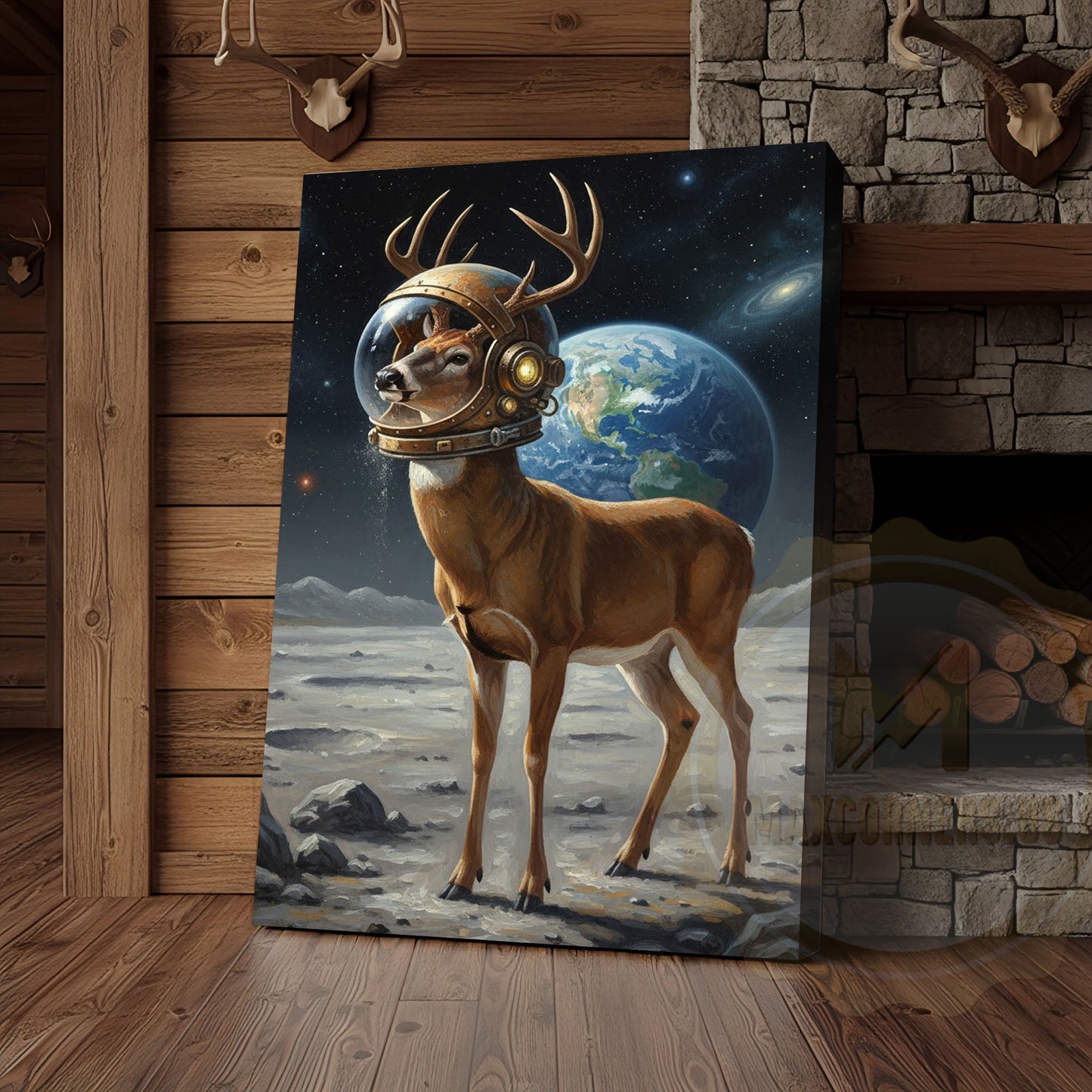 Astronaut Deer Standing on the Moon with Earth in Background Wrapped Canvas Wall Art
