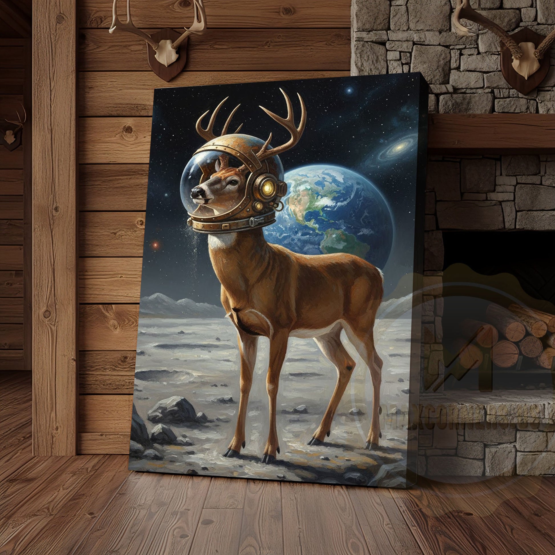 Astronaut Deer Standing on the Moon with Earth in Background Wrapped Canvas Wall Art