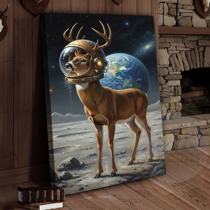 Astronaut Deer Standing on the Moon with Earth in Background Wrapped Canvas Wall Art