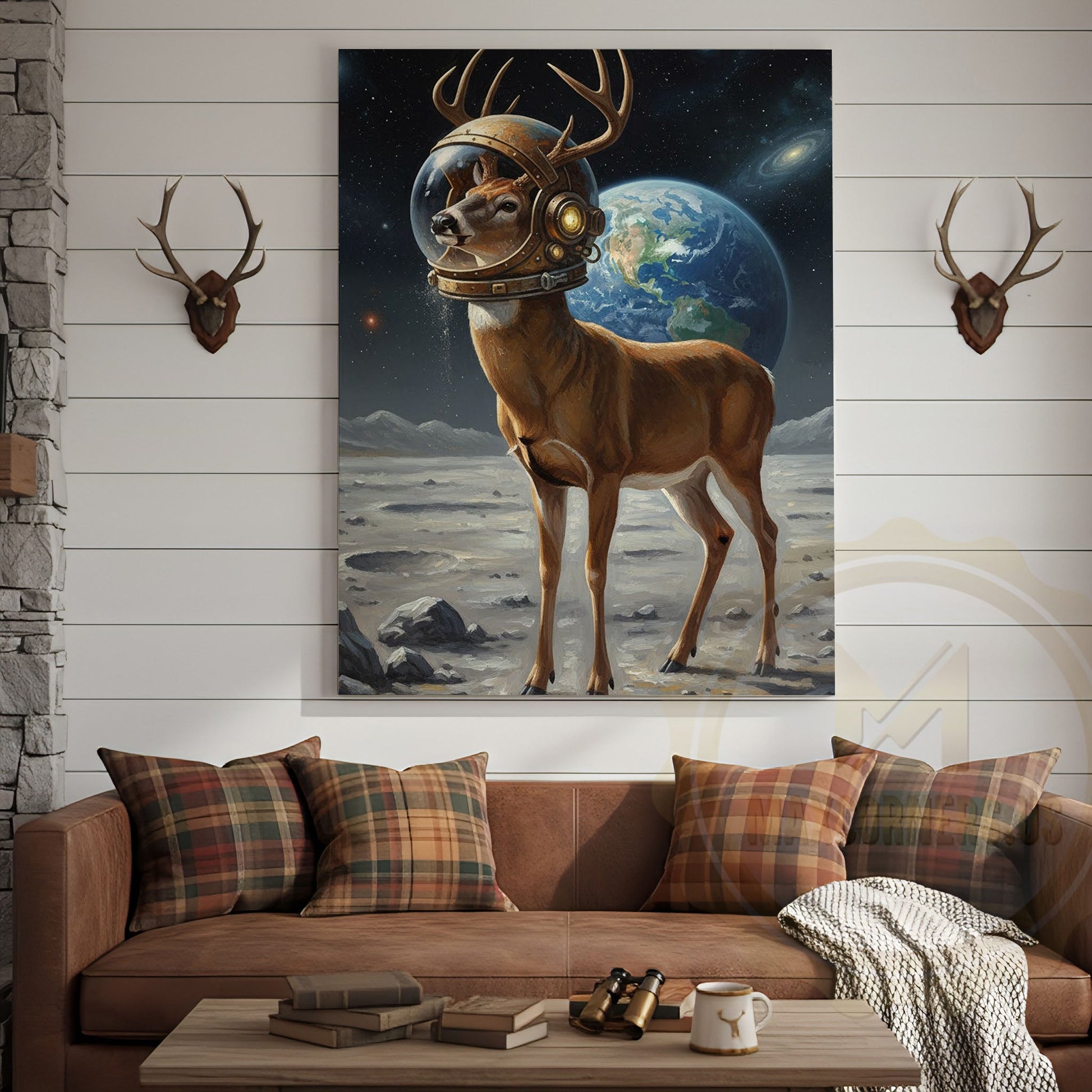 Astronaut Deer Standing on the Moon with Earth in Background Wrapped Canvas Wall Art