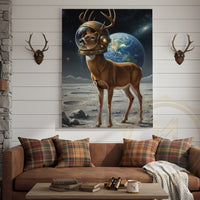 Astronaut Deer Standing on the Moon with Earth in Background Wrapped Canvas Wall Art