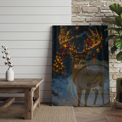 Holiday Stag Canvas Art - Snowy Christmas Cabin Scene