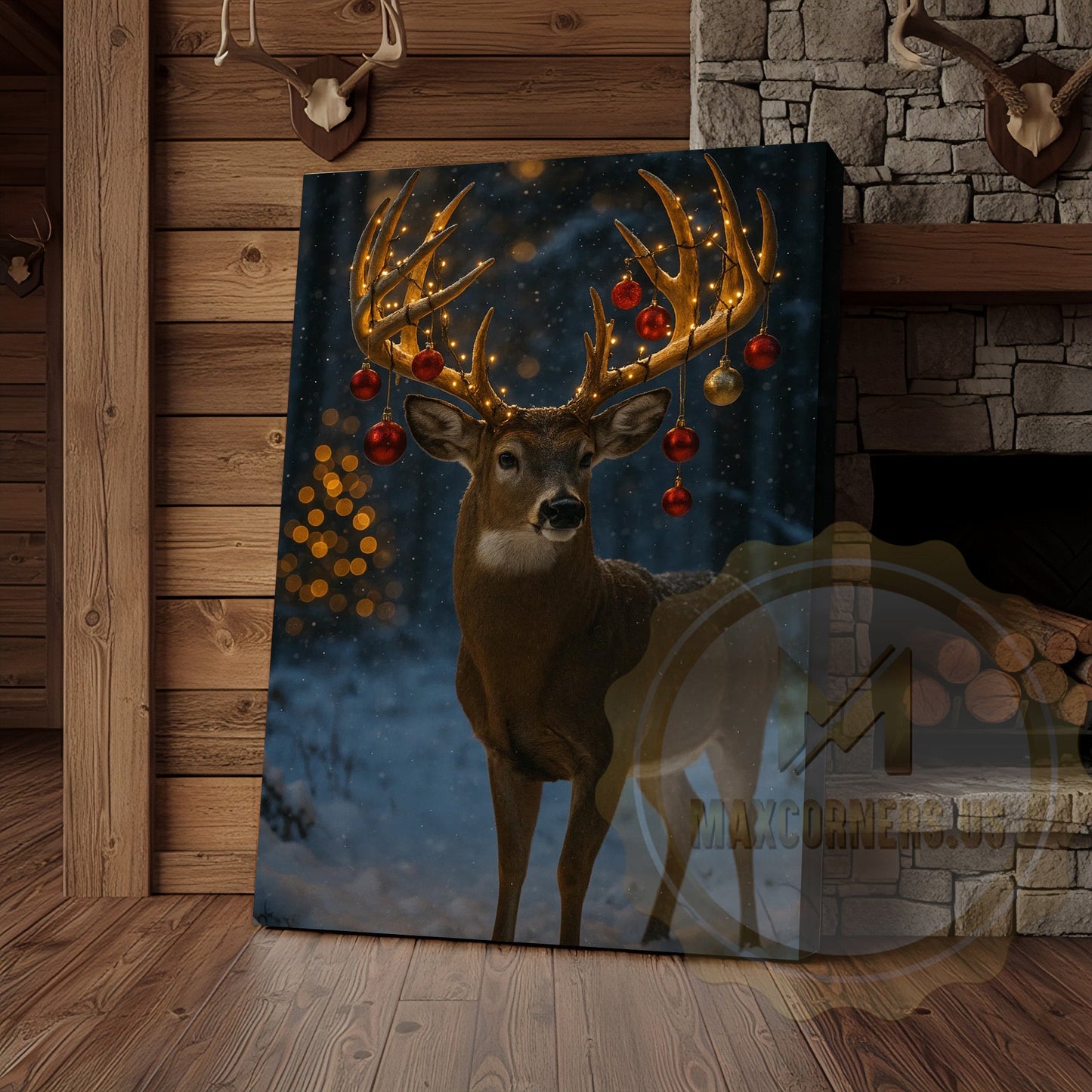 Holiday Stag Canvas Art - Snowy Christmas Cabin Scene