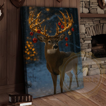 Holiday Stag Canvas Art - Snowy Christmas Cabin Scene