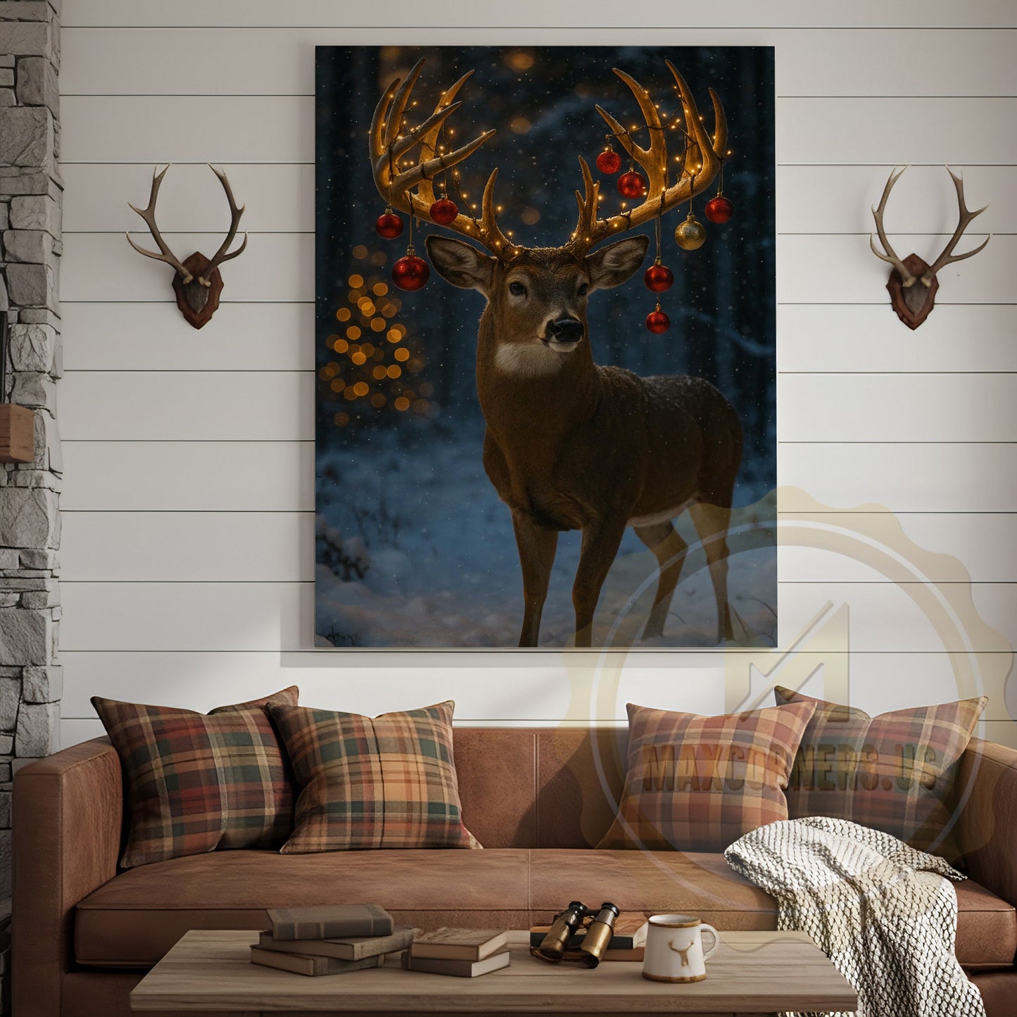 Holiday Stag Canvas Art - Snowy Christmas Cabin Scene