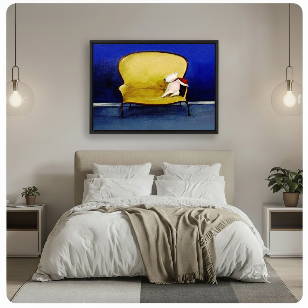 Bull Terrier on Gold Sofa Bold Oil Painting Canvas