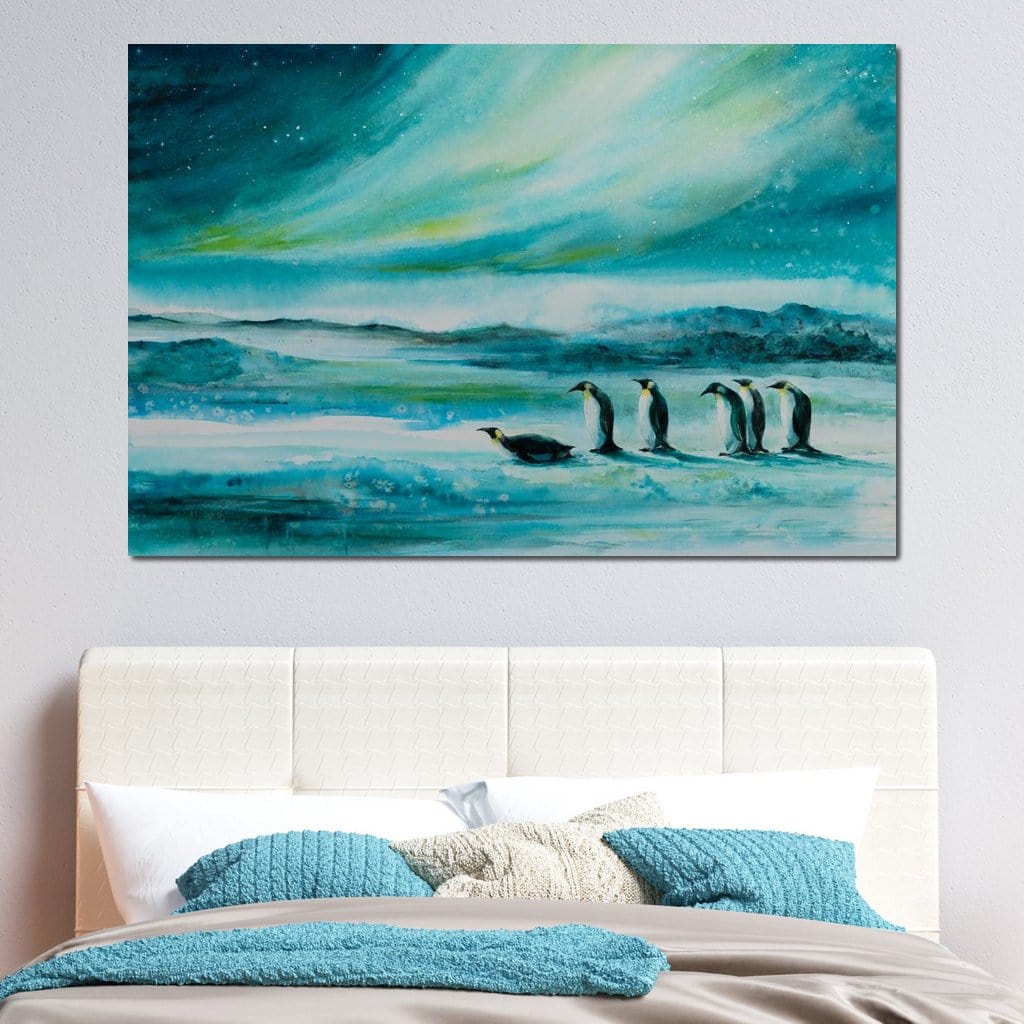 Penguins Under the Aurora Borealis Canvas Wall Art