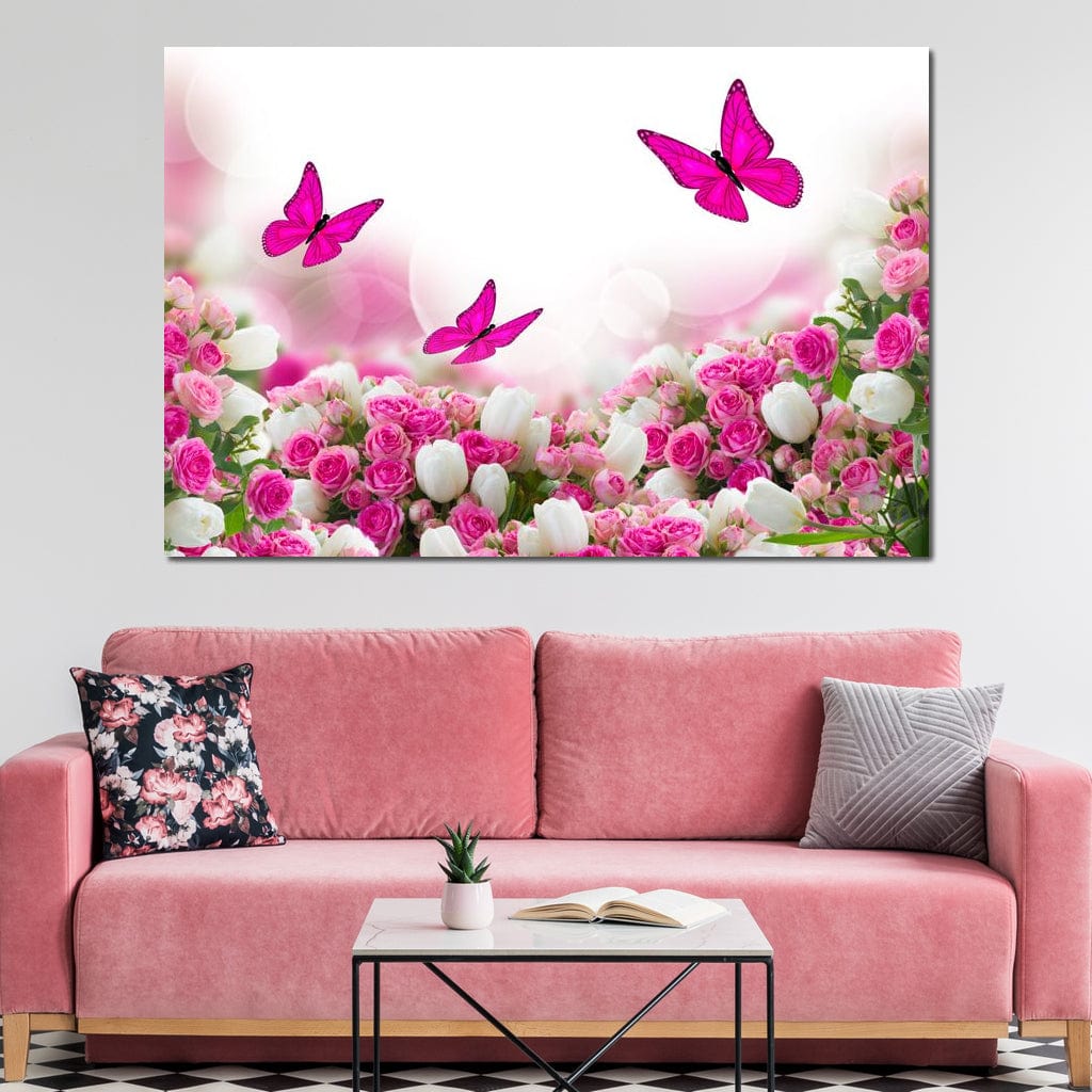 Pink Roses & Butterflies Canvas Wall Art