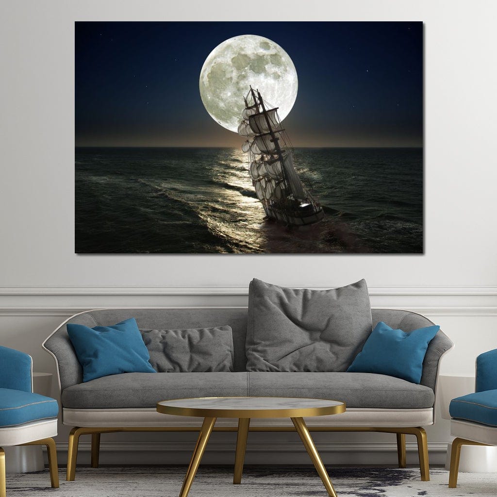 Sailing Under the Giant Moon Canvas Wall Art