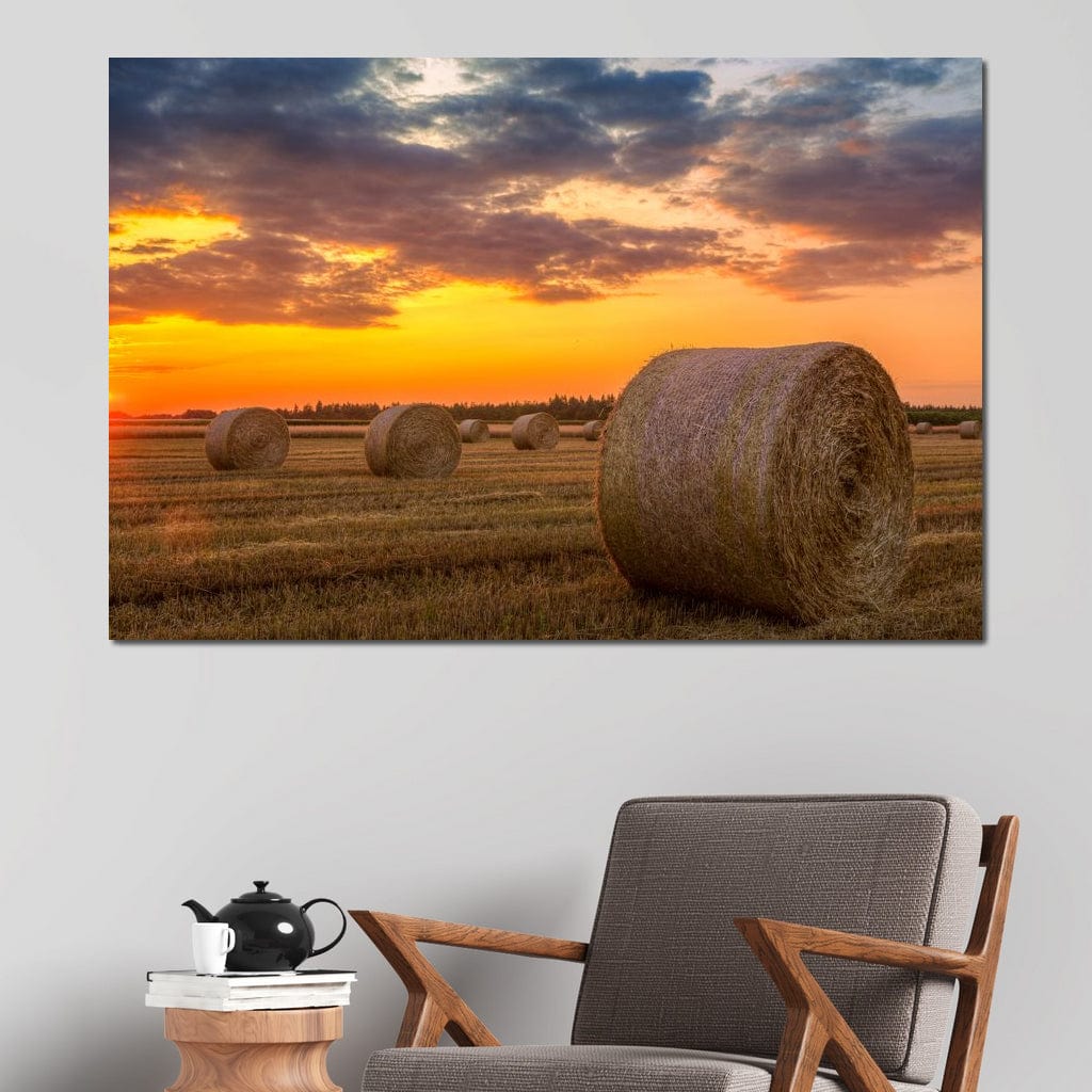 Hay Bales Sunset Canvas Wall Art
