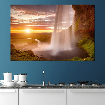 Sunset over Seljalandsfoss Waterfall Canvas Wall Art