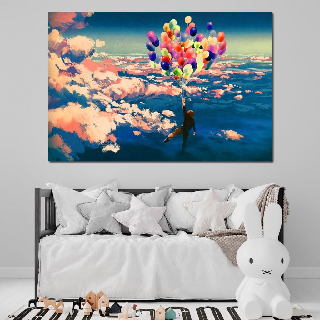 Flying with Colorful Balloons Canvas Wall Art