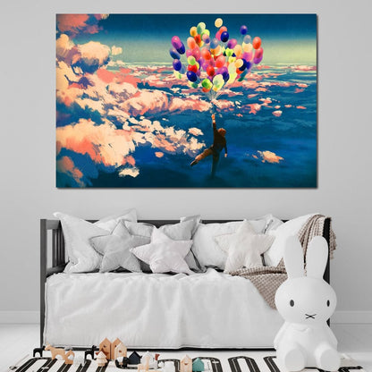Flying with Colorful Balloons Canvas Wall Art