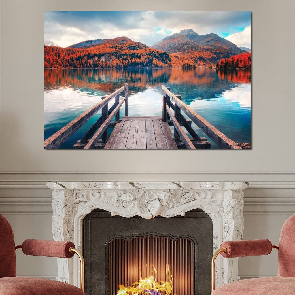 Wooden Pier on Autumn lake Sils Canvas Wall Art