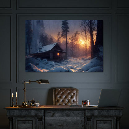 Warm Cabin Covered in Snow Canvas Wall Art