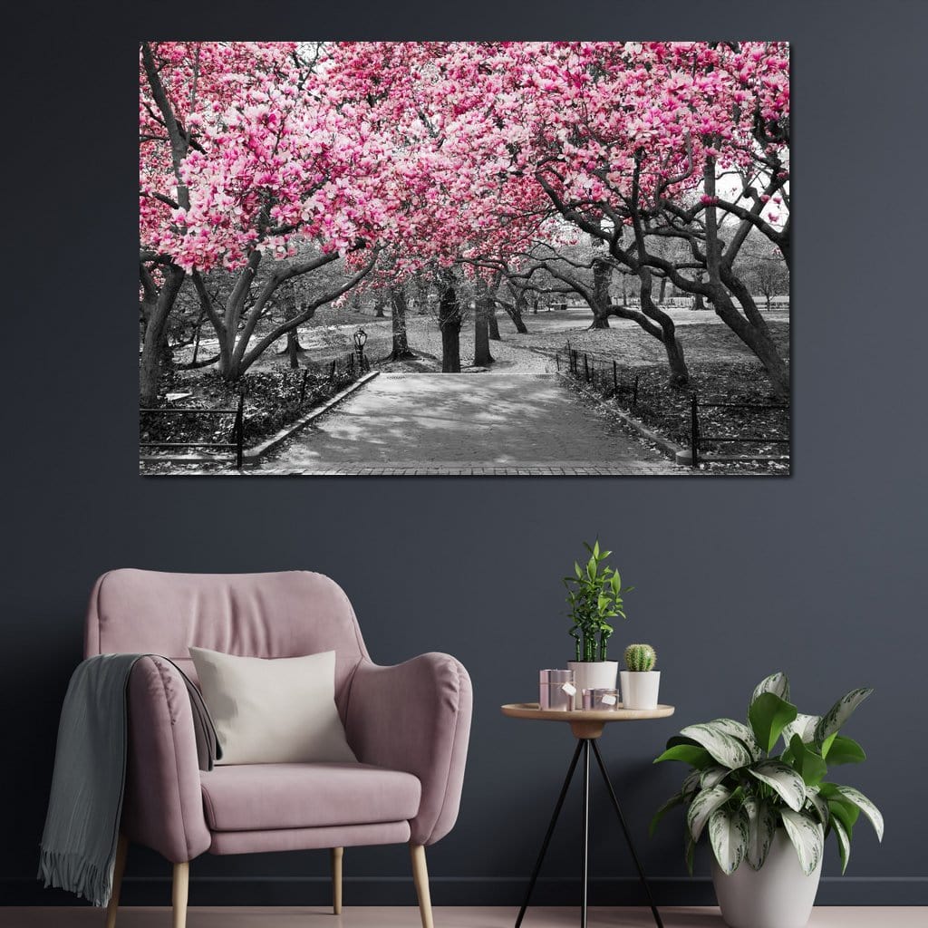 Pink Blossoms in Black and White Canvas Wall Art