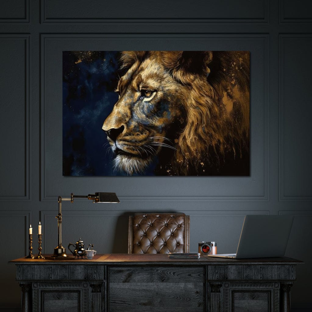 Golden Lion on Blue Background Canvas Wall Art
