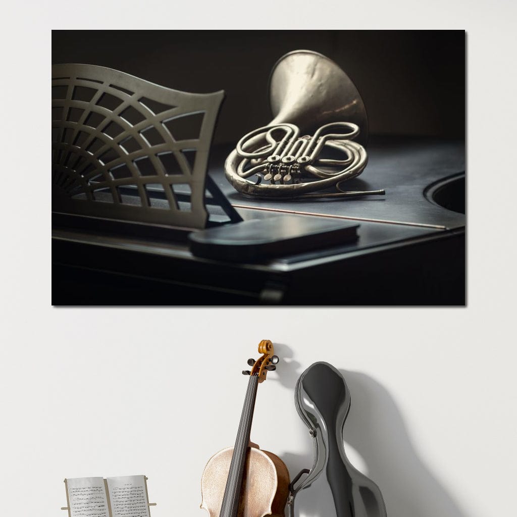 French Horn on the Grand Piano Canvas Wall Art