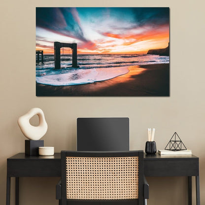 Beach Sunset Old Pier Canvas Wall Art