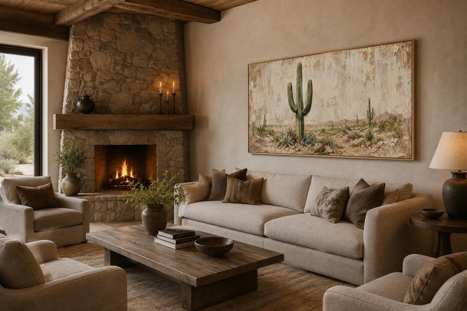 Minimalist Desert With Saguaro Cactus Painted on Neutral Weathered Wood Background Canvas Wall Art