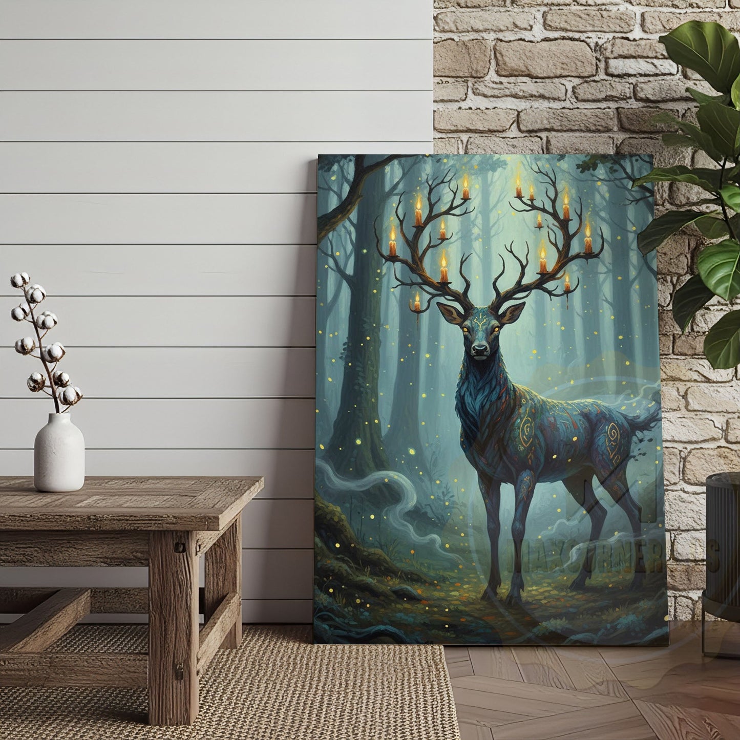 Magical Blue Deer with Glowing Antlers and Forest Fireflies Wrapped Canvas Wall Art