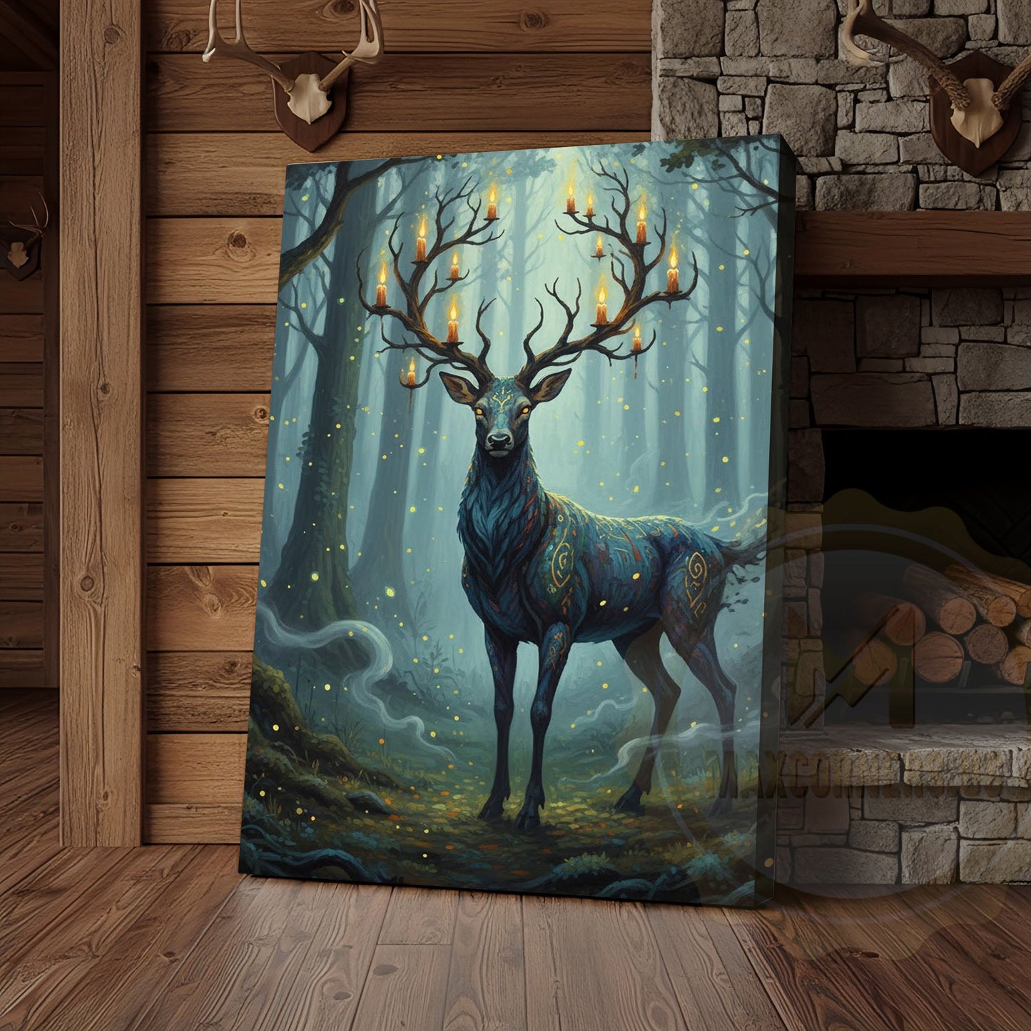Magical Blue Deer with Glowing Antlers and Forest Fireflies Wrapped Canvas Wall Art